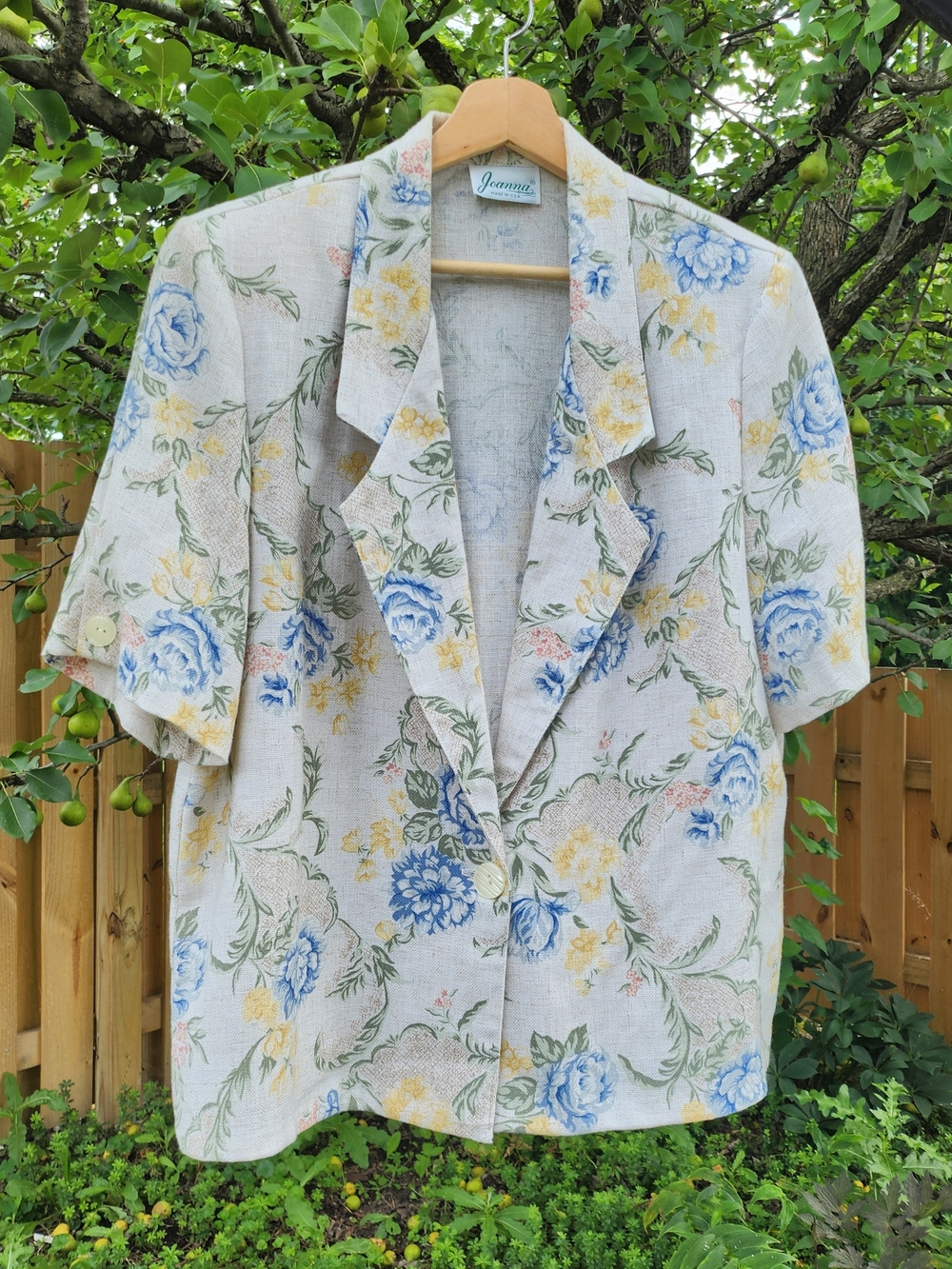 Vtg 90s XL Joanna Floral Woven Linen Blend Short-Sleeve Blazer